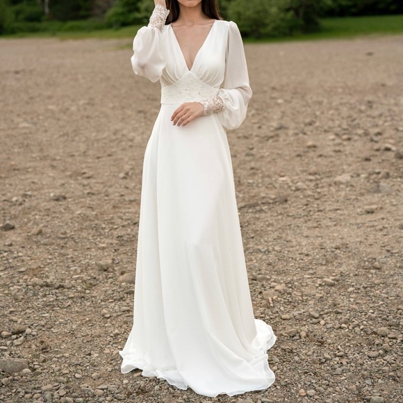 Ivory lace wedding dress, long-sleeve button back long train gown, open back - Picture 3 of 10